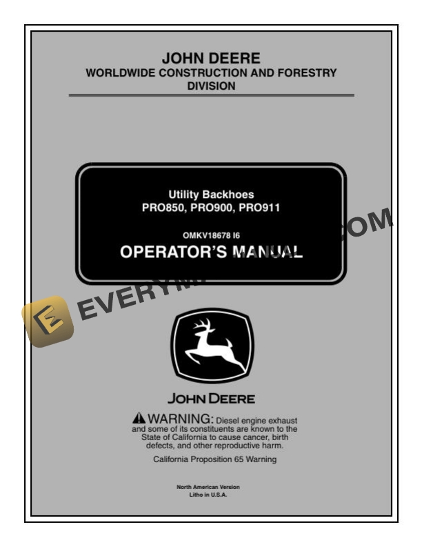 John Deere PRO850 PRO900 PRO911 Utility Backhoe Operator Manual OMKV18678