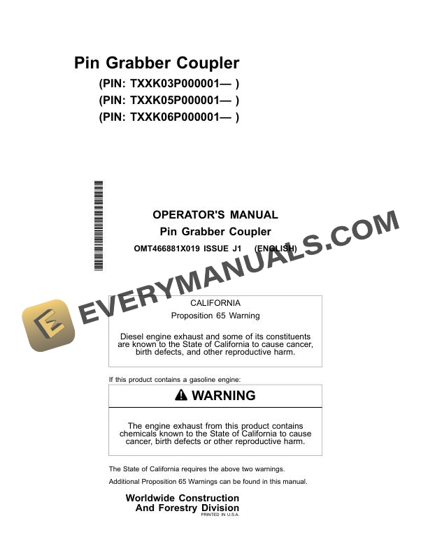 John Deere Pin Grabber Coupler Operator Manual OMT466881X019