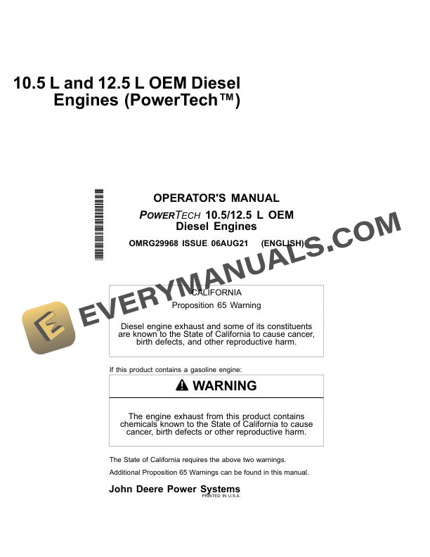 John Deere PowerTech 10.5 12.5L OEM Diesel Engine Operator Manual OMRG29968