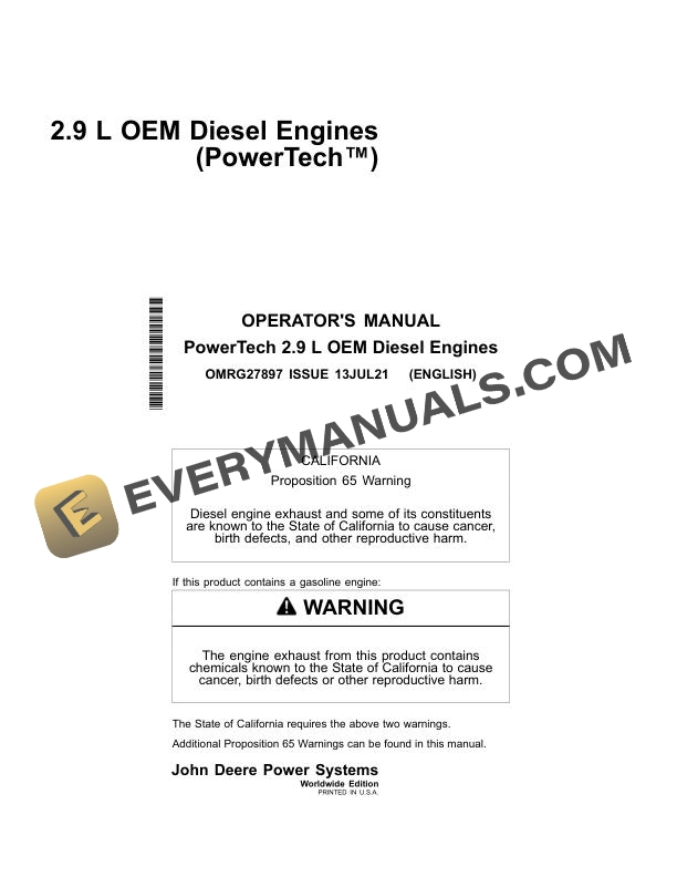 John Deere PowerTech 2.9L OEM Diesel Engine Operator Manual OMRG27897