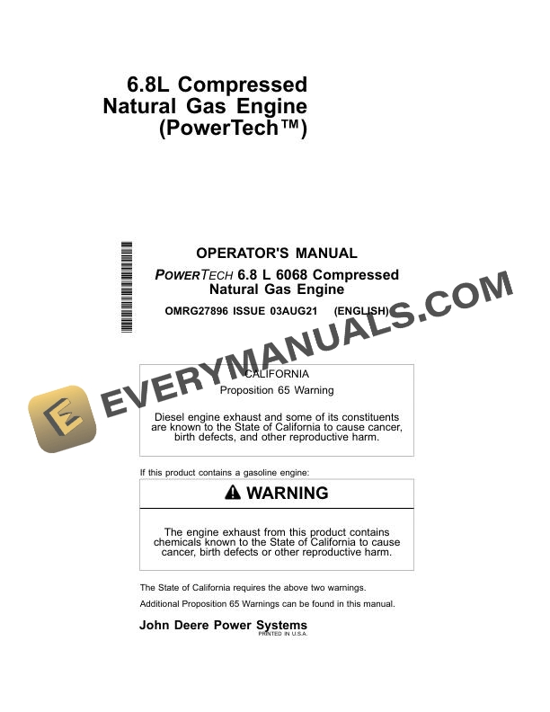John Deere PowerTech 6.8L 6068 Compressed Natural Gas Engine Operator Manual OMRG27896
