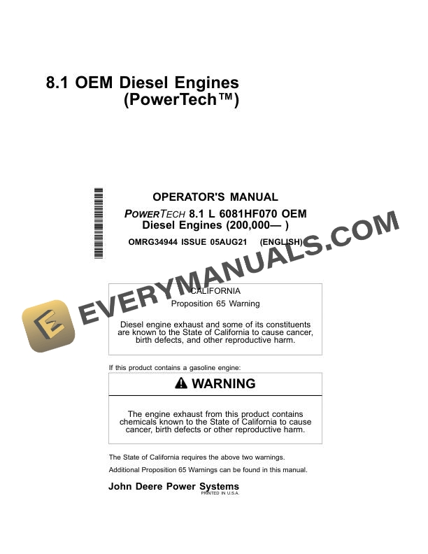 John Deere PowerTech 8.1L 6081HF070 OEM Diesel Engine Operator Manual OMRG34944