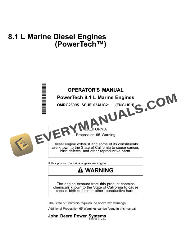 John Deere PowerTech 8.1L Marine Engine Operator Manual OMRG28995