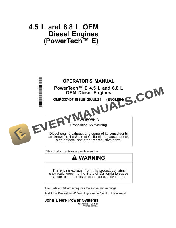John Deere PowerTech E 4.5L 6.8L OEM Diesel Engine Operator Manual OMRG37407 3 John Deere PowerTech E 4.5L 6.8L OEM Diesel Engine Operator Manual OMRG37407