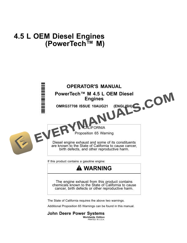 John Deere PowerTech M 4.5L OEM Diesel Engine Operator Manual OMRG37708