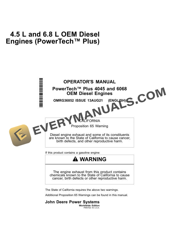 John Deere PowerTech Plus 4045 6068 OEM Diesel Engine Operator Manual OMRG36852 1 John Deere PowerTech Plus 4045 6068 OEM Diesel Engine Operator Manual OMRG36852