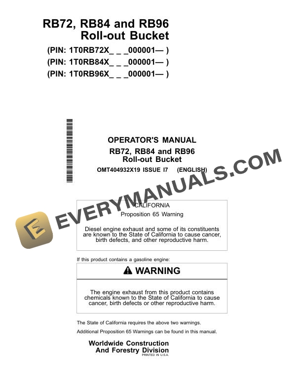 John Deere RB72, RB84, RB96 Roll-out Bucket Operator Manual OMT404932X19