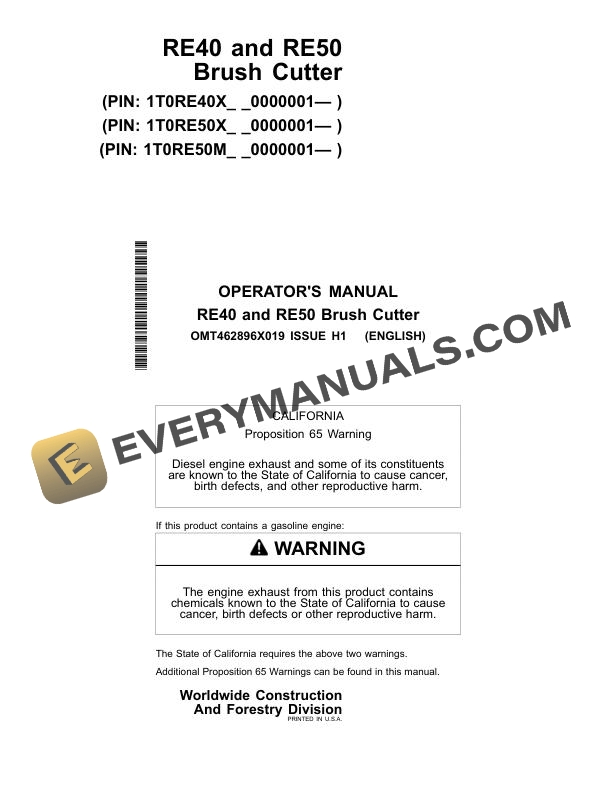 John Deere RE40, RE50 Brush Cutter Operator Manual OMT462896X019