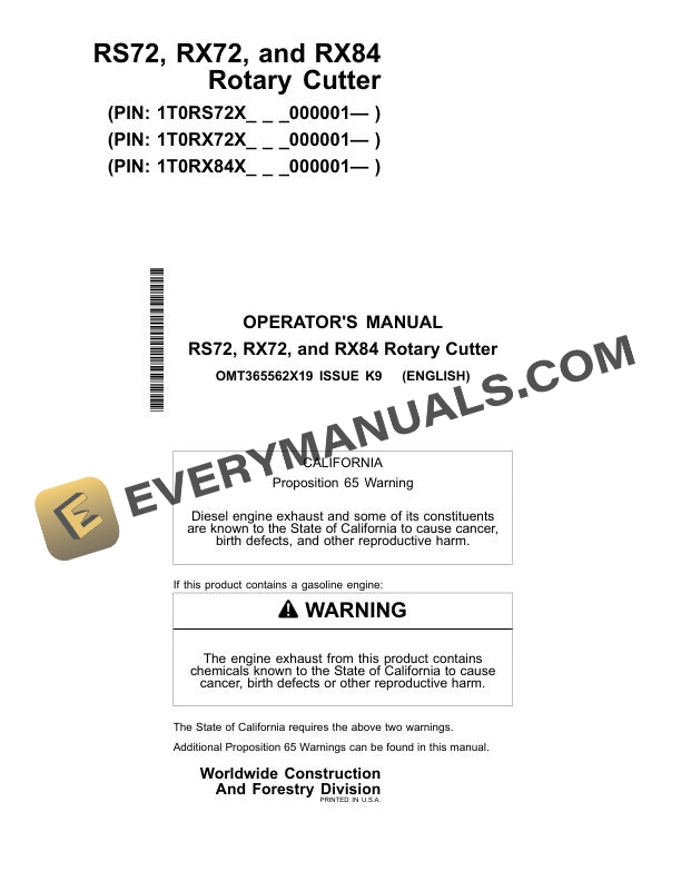 John Deere RS72, RX72, RX84 Rotary Cutter Operator Manual OMT365562X19