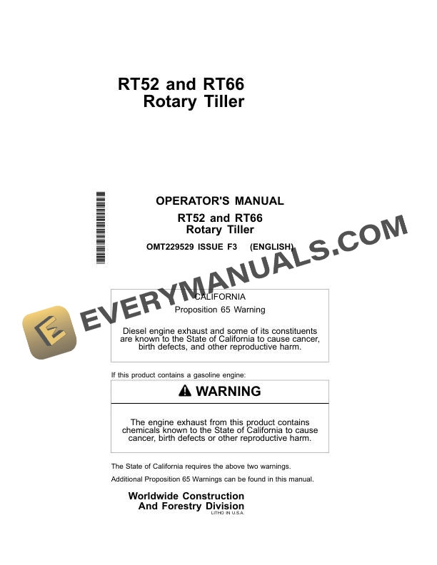 John Deere RT52 RT66 Rotary Tiller Operator Manual OMT229529