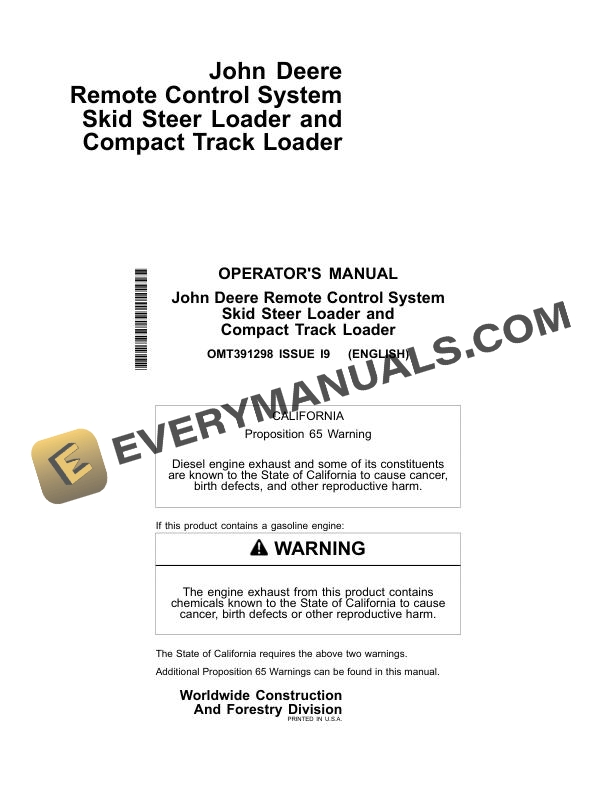 John Deere Remote Control System Skid Steer Loader and Compact Track Loader Operator Manual OMT391298