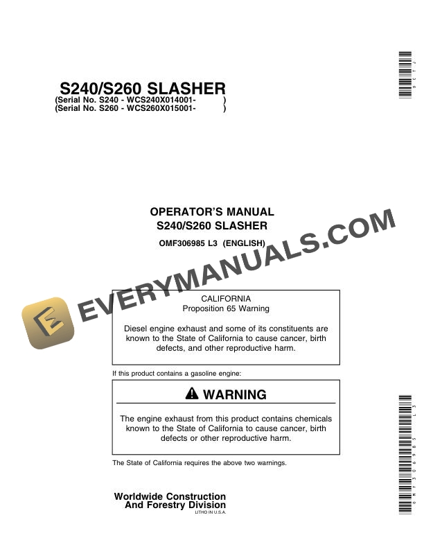 John Deere S240, S260 Slasher Operator Manual OMF306985