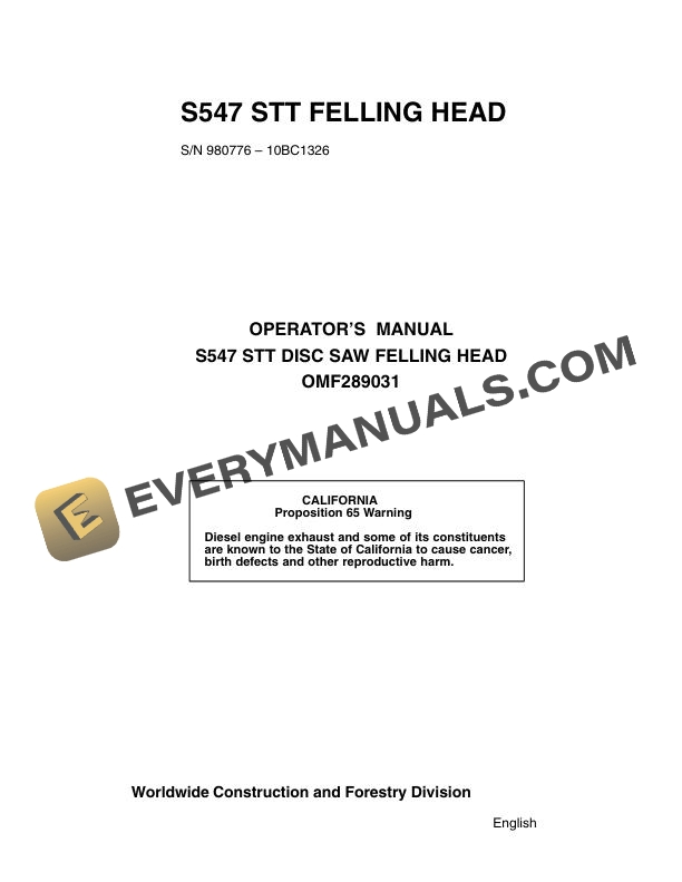 John Deere S547 Stt Felling Head Operator Manual OMF289031