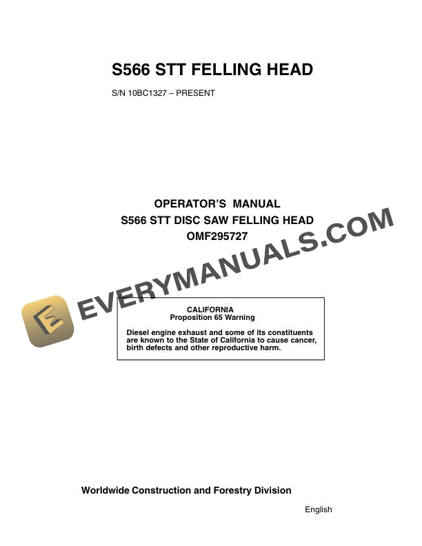 John Deere S566 Stt Disc Saw Felling Head Operator Manual OMF295727