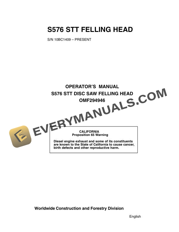 John Deere S576 Stt Disc Saw Felling Head Operator Manual OMF294946