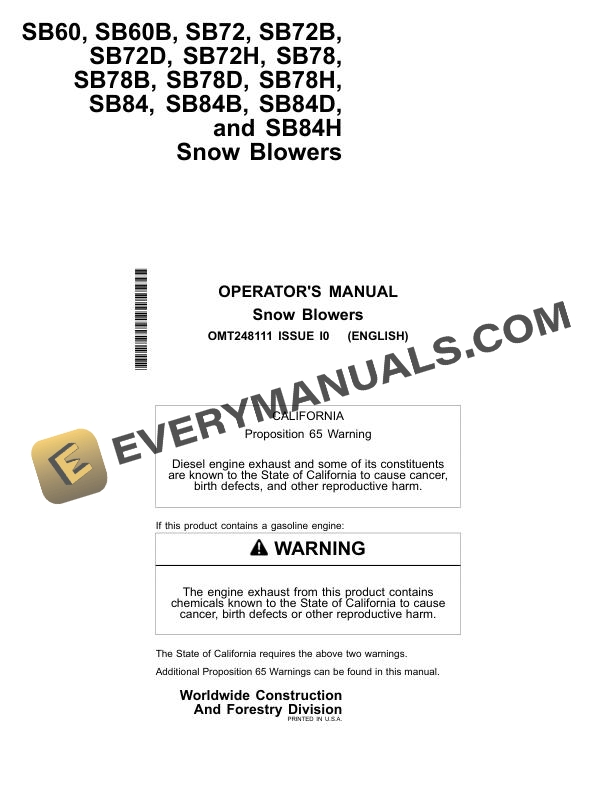John Deere SB60 to SB84H Snow Blower Operator Manual OMT248111 3 John Deere SB60 to SB84H Snow Blower Operator Manual OMT248111