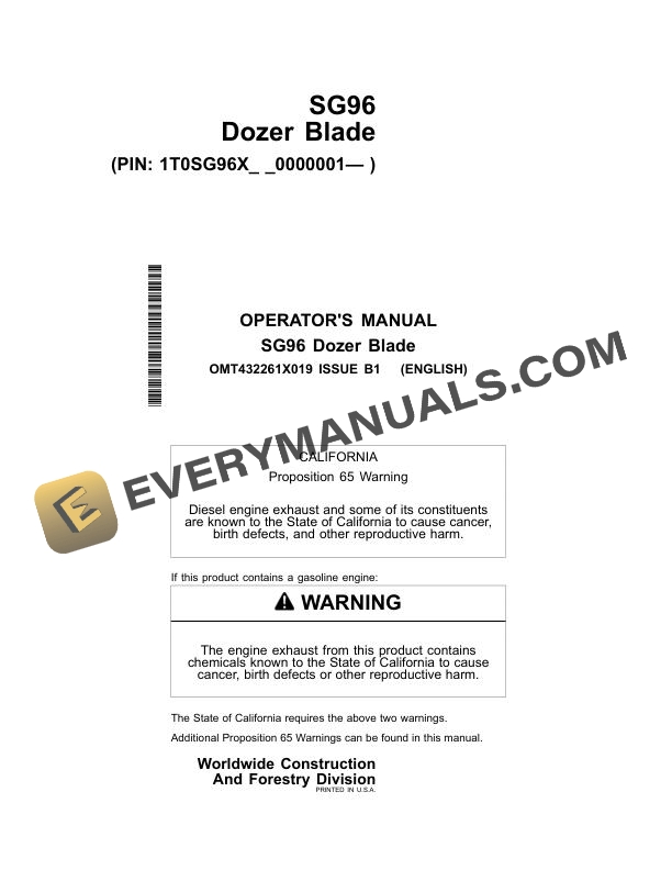 John Deere SG96 Dozer Blade Operator Manual OMT432261X019