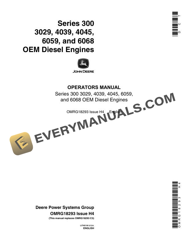 John Deere Series 300 3029, 4039, 4045, 6059, 6068 OEM Diesel Engine Operator Manual OMRG18293