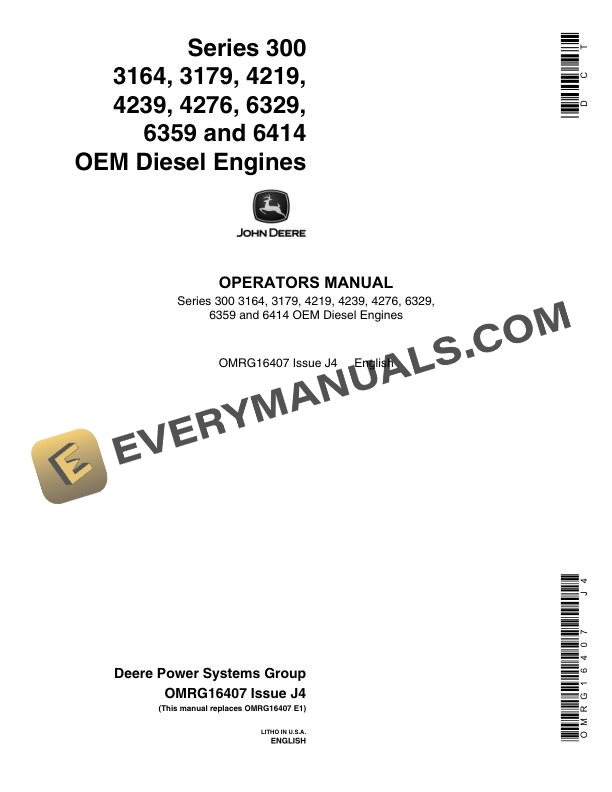 John Deere Series 300 3164 to 6414 OEM Diesel Engine Operator Manual OMRG16407