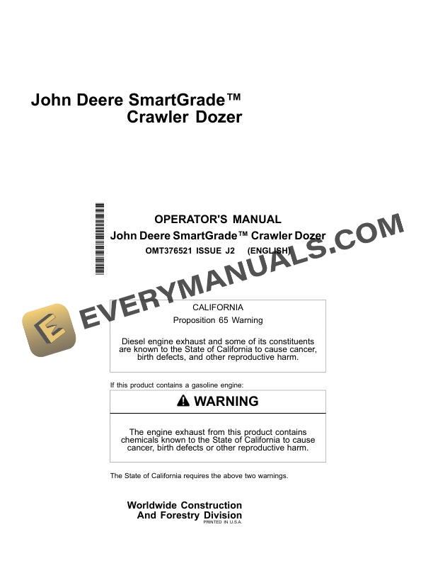 John Deere SmartGrade Crawler Dozer Operator Manual OMT376521