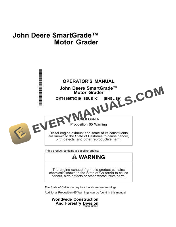 John Deere SmartGrade Motor Grader Operator Manual OMT415570X19