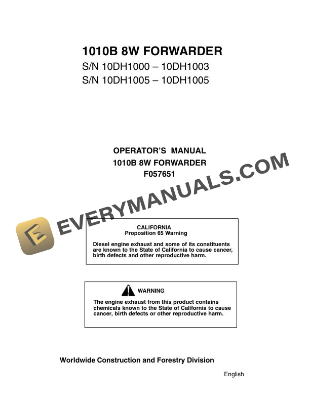 John Deere Timberjack 1010B 8W Forwarder Operator Manual F057651
