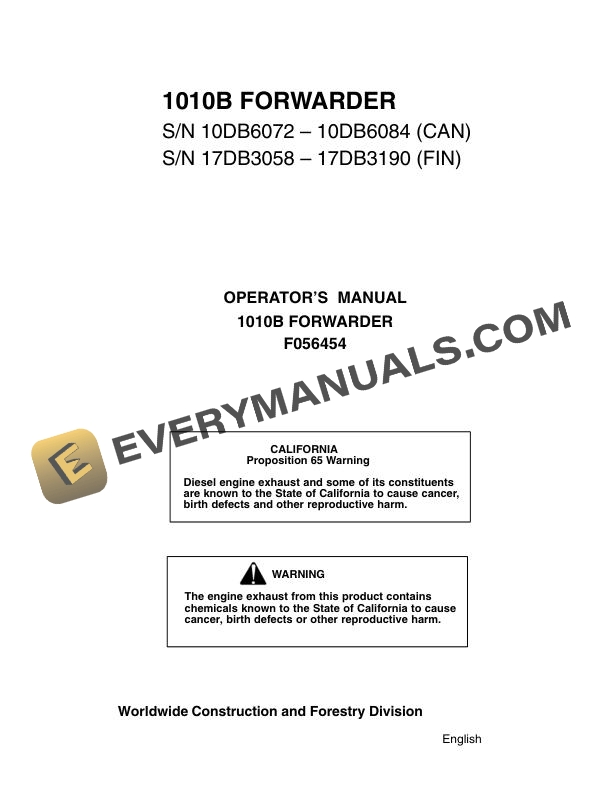 John Deere Timberjack 1010B Forwarder Operator Manual F056454