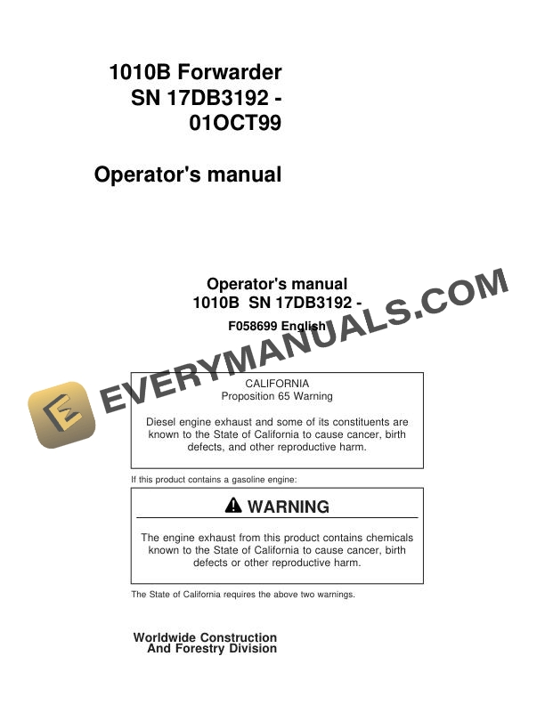 John Deere Timberjack 1010B Forwarder Operator Manual F058699