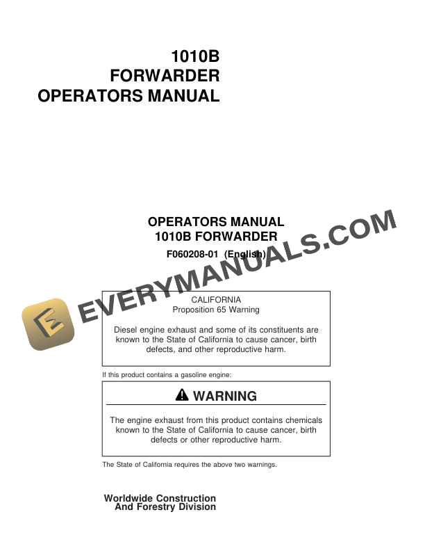 John Deere Timberjack 1010B Forwarder Operator Manual F060208