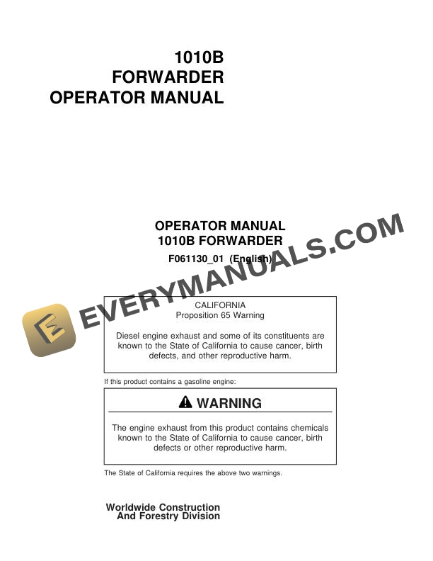 John Deere Timberjack 1010B Forwarder Operator Manual F061130