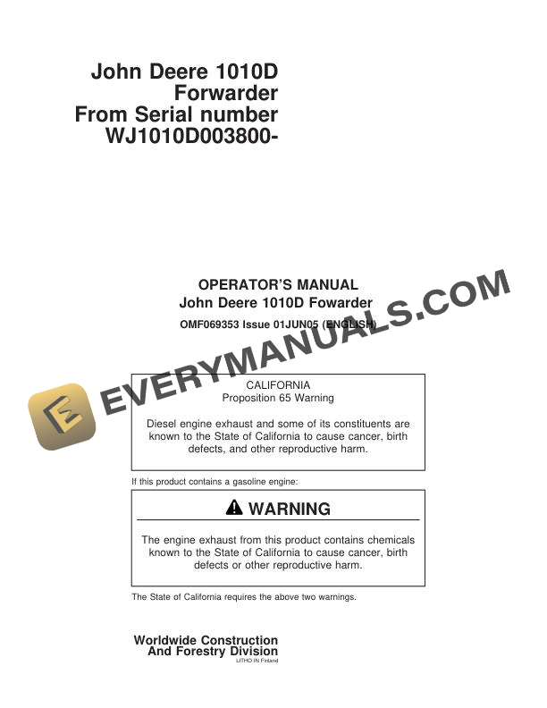 John Deere Timberjack 1010D Forwarder Operator Manual OMF069353
