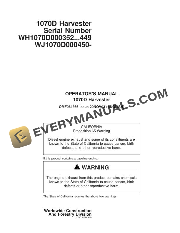John Deere Timberjack 1070D Harvester Operator Manual F064366