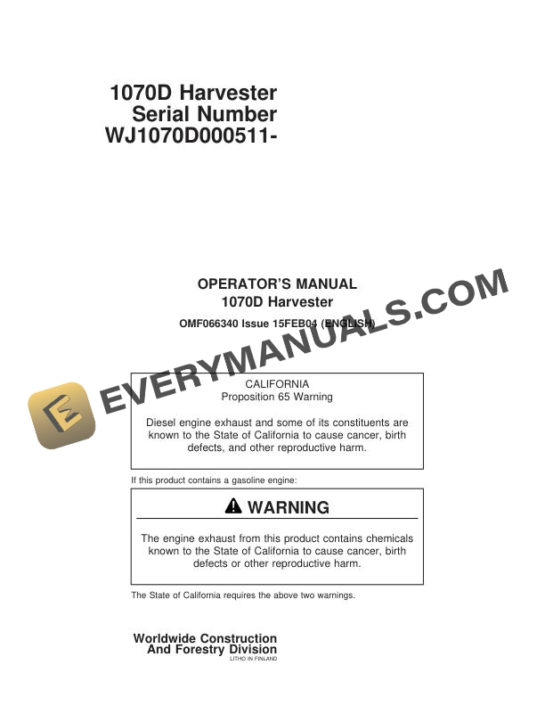 John Deere Timberjack 1070D Harvester Operator Manual F066340