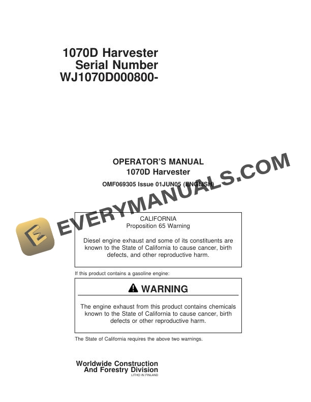 John Deere Timberjack 1070D Harvester Operator Manual F069305