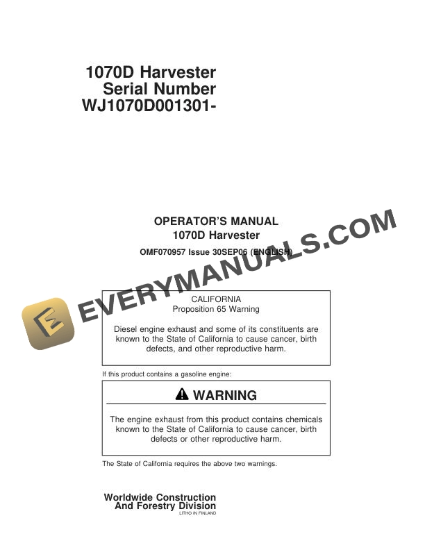 John Deere Timberjack 1070D Harvester Operator Manual F070957
