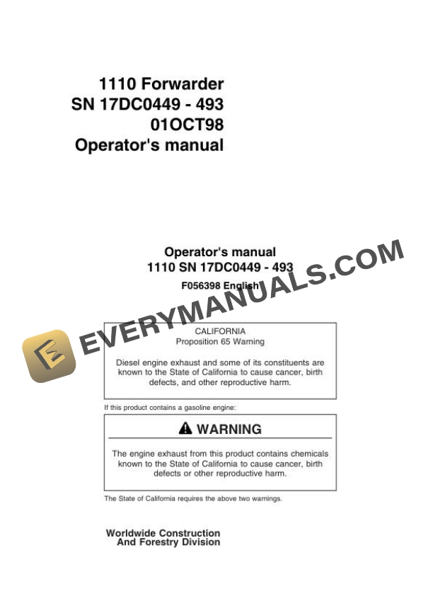 John Deere Timberjack 1110 Forwarder Operator Manual F056398
