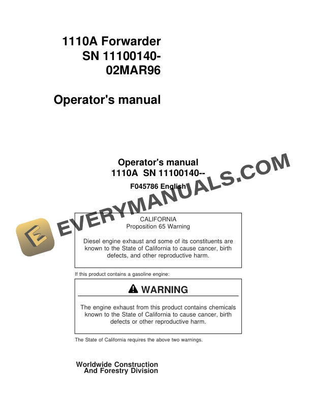 John Deere Timberjack 1110A Forwarder Operator Manual F045786