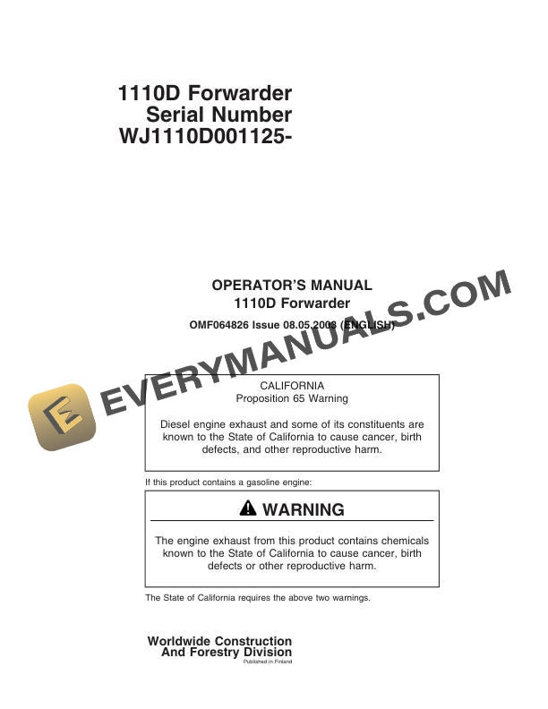 John Deere Timberjack 1110D Forwarder Operator Manual OMF064826 1 John Deere Timberjack 1110D Forwarder Operator Manual F064826