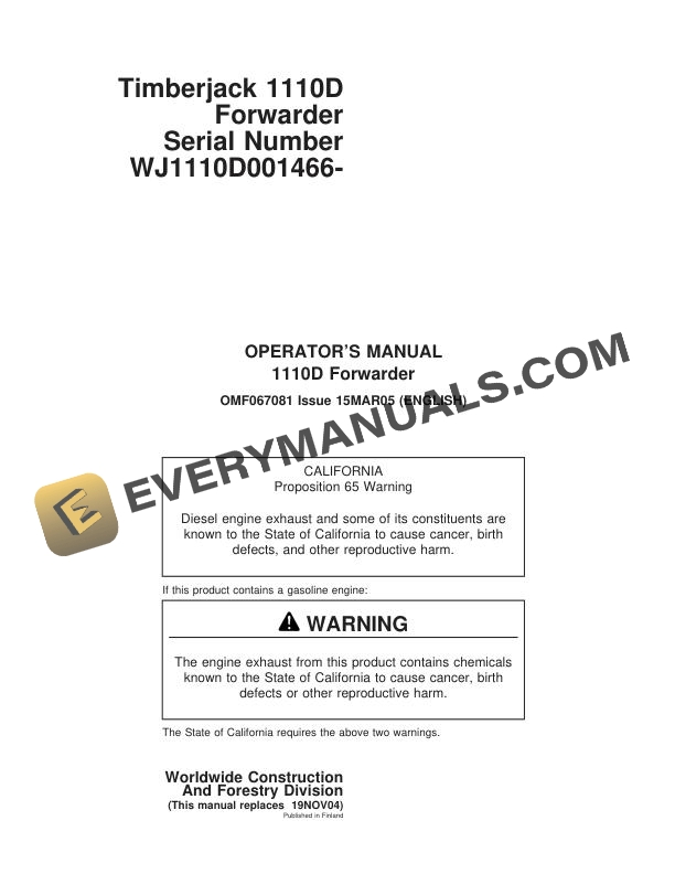 John Deere Timberjack 1110D Forwarder Operator Manual F067081