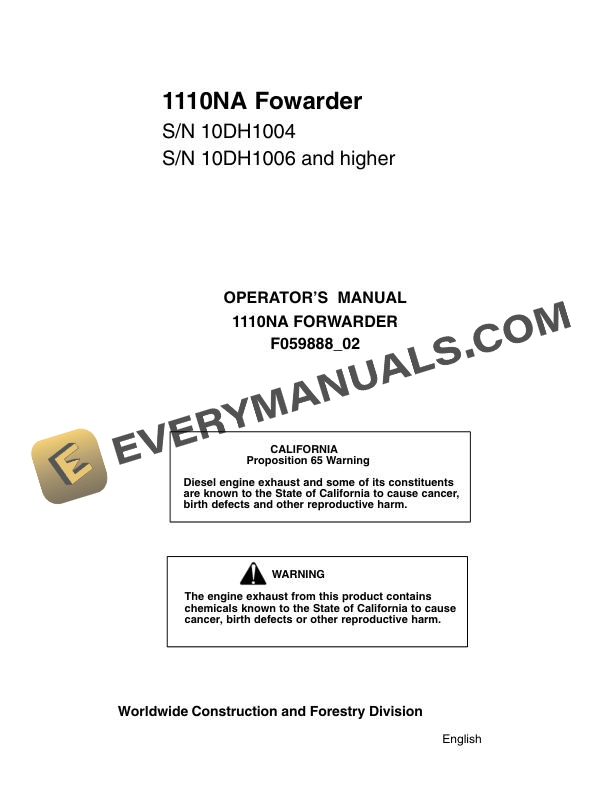 John Deere Timberjack 1110NA Forwarder Operator Manual F059888