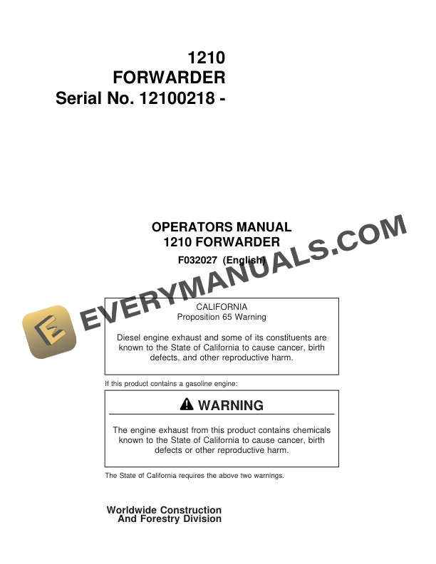 John Deere Timberjack 1210 Forwarder Operator Manual F032027 1 John Deere Timberjack 1210 Forwarder Operator Manual F032027