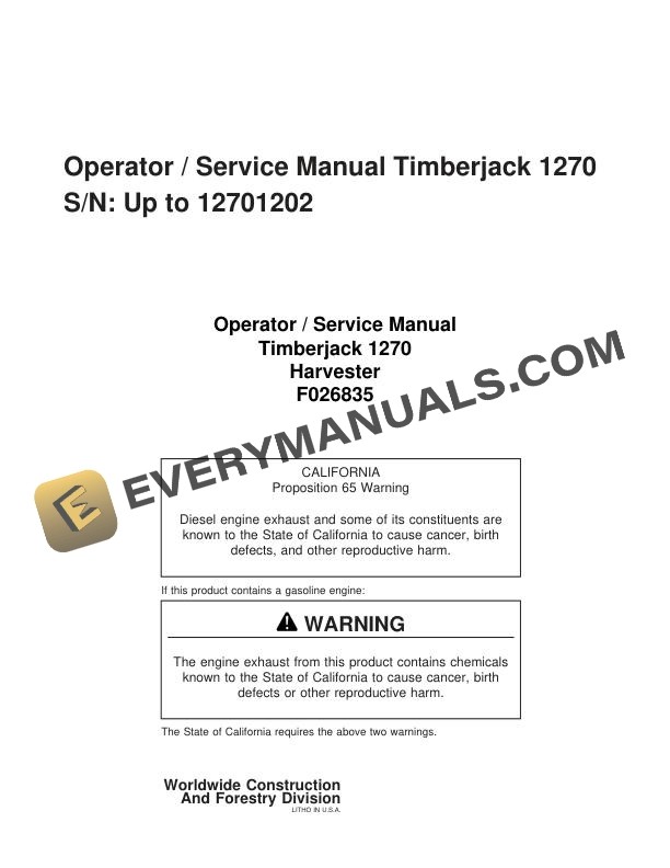 John Deere Timberjack 1270 Harvester Operator Service Manual F026835