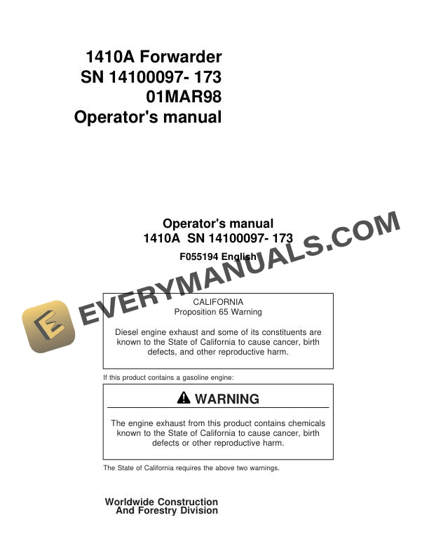 John Deere Timberjack 1410A Forwarder Operator Manual F055194