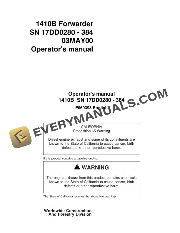 John Deere Timberjack 1410B Forwarder Operator Manual F060393
