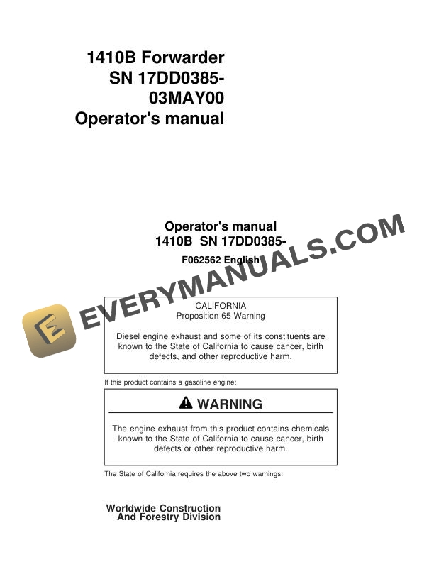 John Deere Timberjack 1410B Forwarder Operator Manual F062562