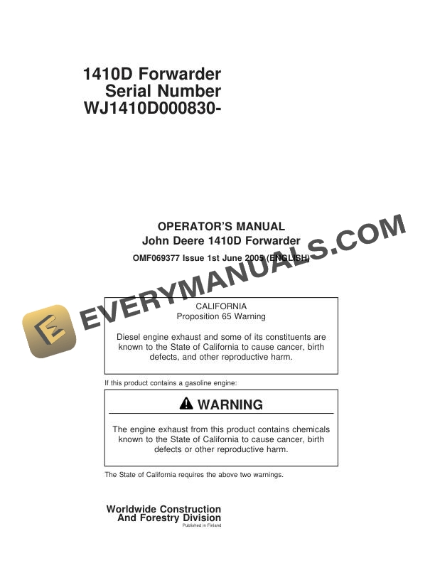 John Deere 1410D Forwarder Operator Manual OMF069377