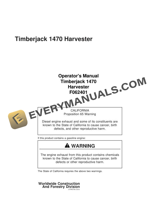 John Deere Timberjack 1470 Harvester Operator Manual F062401