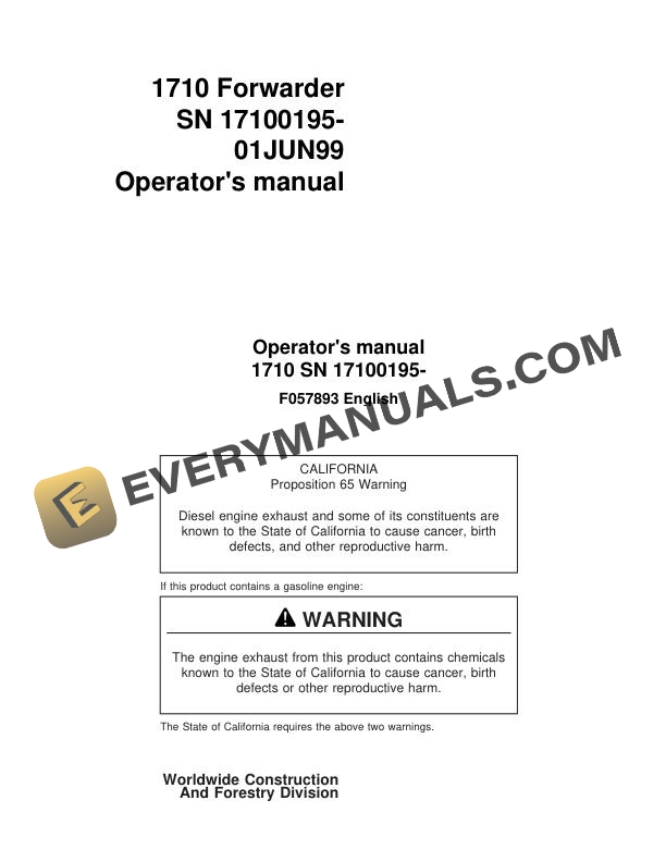 John Deere Timberjack 1710 Forwarder Operator Manual F057893