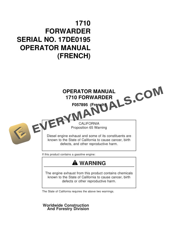 John Deere Timberjack 1710 Forwarder Operator Manual F057895