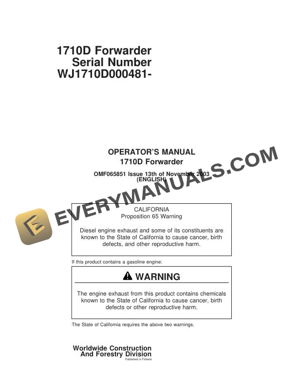 John Deere Timberjack 1710D Forwarder Operator Manual F065851